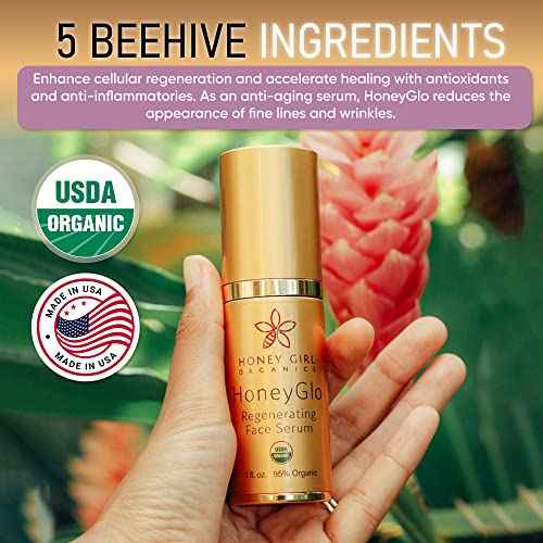 Honey Girl Organics HoneyGlo Regenerating Face Serum, USDA Certified Organic Facial Serum for Women Softens and Moisturizes Skin with Enriched Beehive Ingredients, Vitamin C and EVOO (1 oz)
