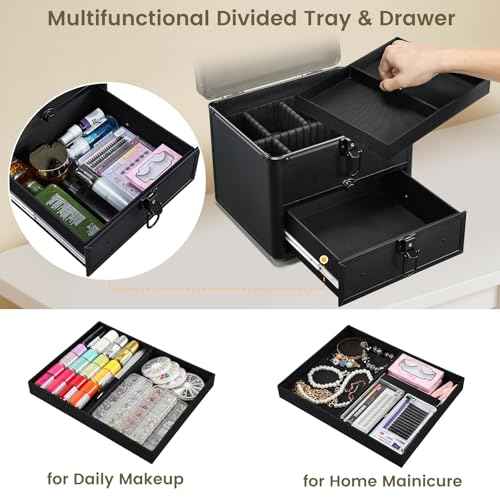 Makeup Case with Drawer, Detachable Lighted LED Mirror, Makeup Organizer Box Travel Make up Vanity Case Portable Cosmetic Train Case for MUA Lockable Makeup Suitcase with Adjustable Dividers