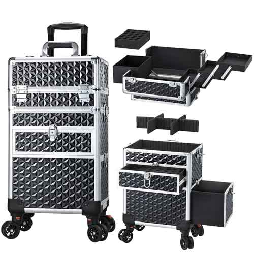Joligrace Large Rolling Makeup Train Case with Foot-Brake Wheels, Removable Shoulder-Strap Makeup Carrying Case, Adjustable Compartments, Built-in Nail Polish Drawer, and Detachable Drawer