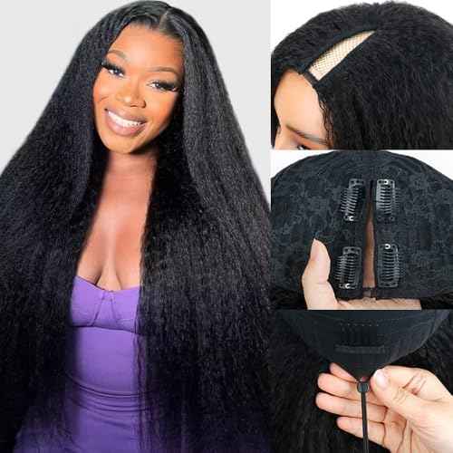 Kinky Straight V Part Wig Human Hair 20 Inch V Part Wig For Women with Drawstring 180% Density Upgrade Glueless U Part Wig No Leave Out No Sew In Kinky Straight Human Hair Wigs Natural Black