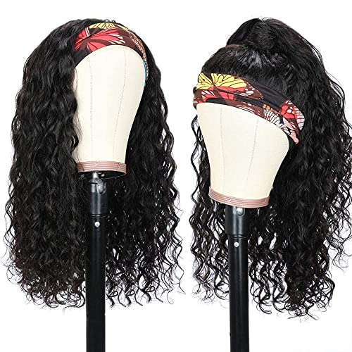 Long Headband Wig Human Hair Water Wave Headband Wigs for Women Curly Wigs Glueless No Lace Front Wig Brazilian Virgin Human Hair 180% Density Natural Black 24 Inch