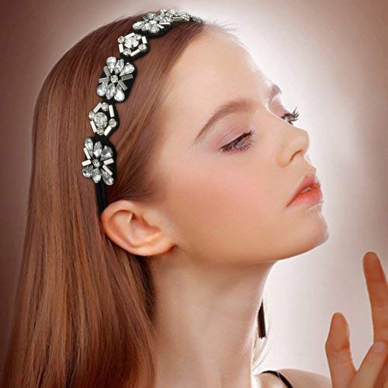 Amariver 2 Pieces Rhinestone Beaded Elastic Headband，Fashion Headbands Handmade Hair Bands Hair Accessories for Lady Woman 20-25" Fits for Most (Style B)
