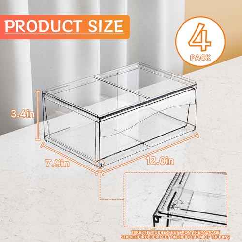 4 Pack Clear Stackable Storage Drawers,12"W Large Bathroom Makeup Organizer and Pen,Sunglass,Medicine,Baby Bottle Organizer,Plastic Pull Out Storage Bins for Desk,Under Cabinets,Vanity Countertop