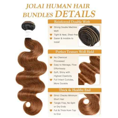 Two-Tone Ombre Honey Brown #T1B/30 Bundles Human Hair Body Wave 10 12 14 Inch, Black to Light Auburn Brown Human Hair Bundles Loose Wave Sew In Weave, 12A 100% Raw Brazilian Virgin Hair Tracks, #T30