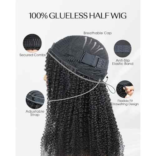 Kinky Curly Half Wig Human Hair 200% Density Wear and Go Glueless Wigs Human Hair Half Wigs with Drawstring 3 In 1 Flip Over Headband Wig for Women Beginner Friendly 16 inch