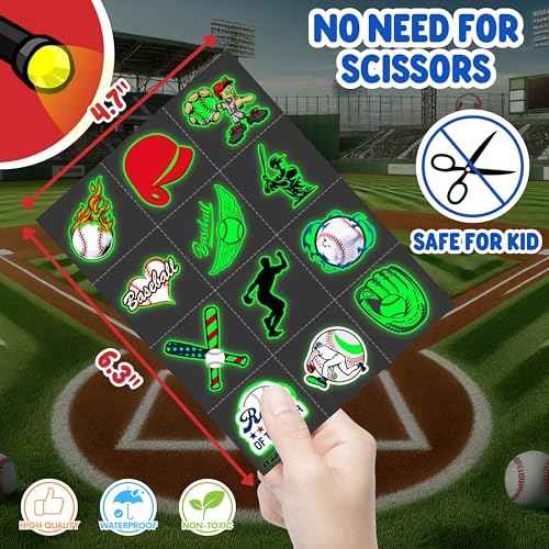 96PCS Baseball Pre-Cut Temporary Tattoos for Kids - Sports Themed Birthday Party Supplies, Fun Stickers for Boys & Girls, Party Favors, School Prizes, Summer Olympic Gifts (Glow in the dart)