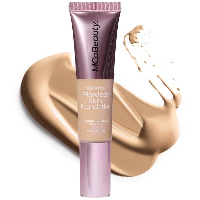 MCoBeauty Miracle Flawless Skin Liquid Foundation Light Nude - Buildable Medium Coverage Dewy Finish for All Skin Types - Hyaluronic Acid Coconut Water Rose Water Hydrating Face Makeup Vegan - 1 Fl Oz
