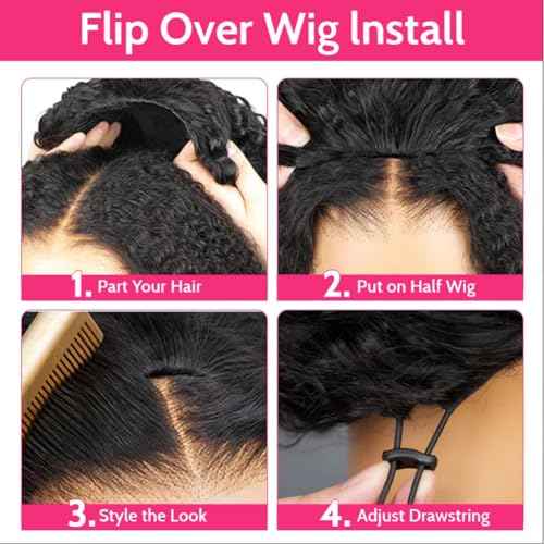 18 Inch Curly Half Wig Human Hair Deep Wave, All Hairstyles In One Curly Half Wigs, Flip Over With Adjustable String Invisilbe Hairline Beginner Friendly Headband Wig 200% Density
