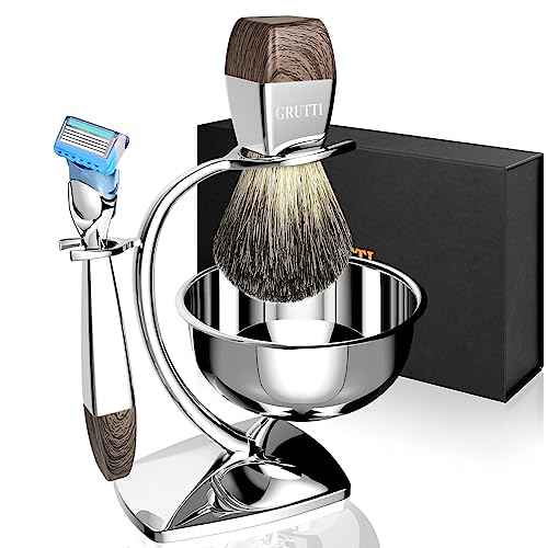 GRUTTI Shaving Kit for Men, 4 in 1 Shaving set Includes Badger Brush, Safety Mens Razor, Shaving Stand, Soap Bowl, Compatible with Fusion 5, Come with Gift Box for Boyfriend Husband Dad Fathers Day