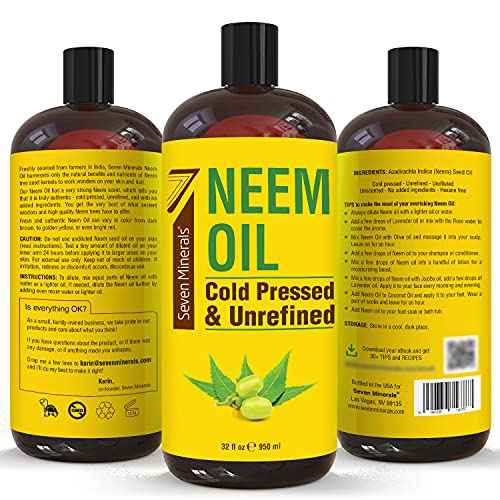 Seven Minerals Pure Cold Pressed Neem Oil - Big 32 fl oz Bottle - Non-GMO, Hexane Free, 100% Pure Neem Oil for Plants Spray, Skincare, & Haircare. Treats Dry Skin, Wrinkles, & Promotes Hair Growth