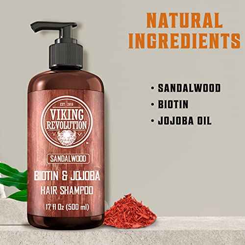 Viking Revolution Sandalwood Men's Shampoo with Biotin and Jojoba Oil - Natural Hair Shampoo for Men with Vitamin B5 and Hair Loss Thinning Hair Treatment (17 Oz)