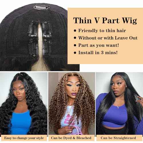 V Part Human Hair Wig Water Wave Thin Part Glueless Clip In Half Wigs 180% Density Curly V Shape Clip in Half Wig Beginner Friendly Water Curly Brazilian Virgin Human Hair Wigs (22 Inch)