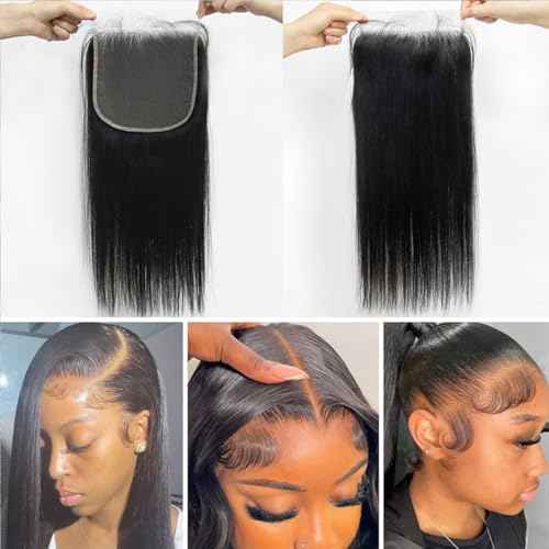 6x6 Lace Closure, Invisible Swiss Transparent HD Lace with Free Part 12A Brazilian Straight Human Hair Closure Pre Plucked with Baby Hair Natural Black 16 Inch
