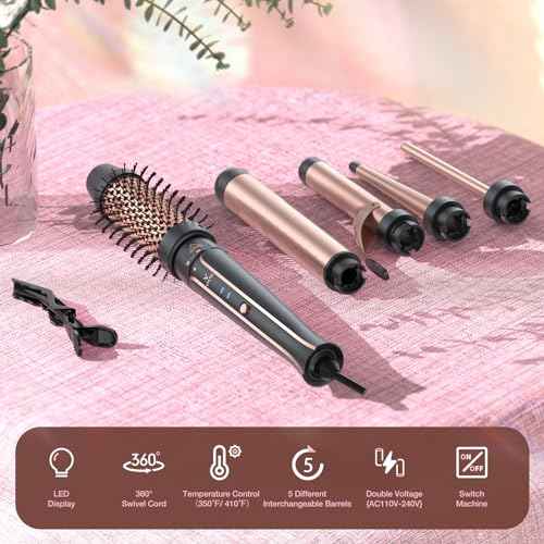 5 in 1 Curling Iron Set-Instant Heat Hair Curling Wand Set with Curling Brush,4 Interchangeable Ceramic Wands (0.35-1.25¡±) and Heat Protective Glove & 2 Clips for Girls and Women
