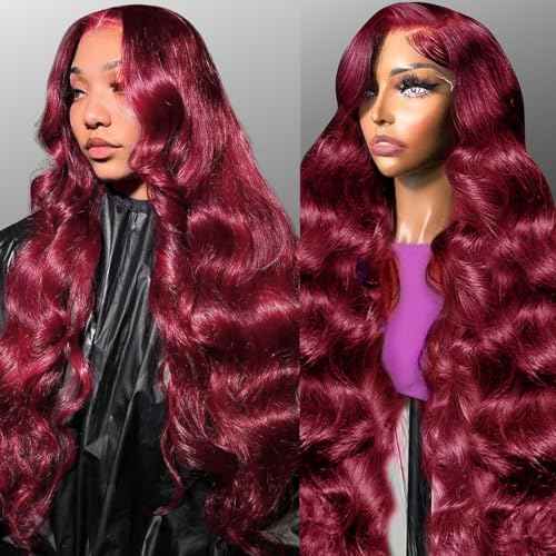 26 Inch Burgundy Wig Human Hair 13x6 HD Transparent 99j Body Wave Lace Front Wigs Human Pre Plucked 180 Density,100% Real Human Hair No Synthetic Blend No Tangle No Shedding Triple Lifespan 3X