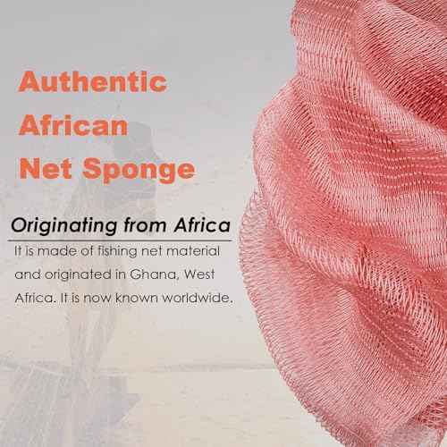 African Net Sponge Authentic African Exfoliating Net Sponge with Knots Real Sapo Sponge with Handles Afro Scrub Net Bath Cloth for Shower (Pink)