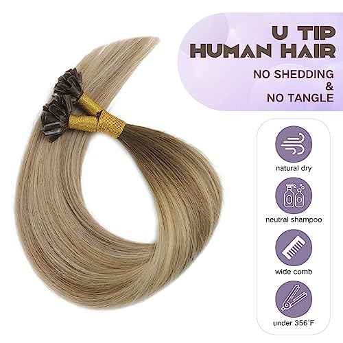 Sindra Keratin Nail Extension Tips Real Human Hair Balayage Darker Brown to Highlighted Blonde 18inch 50 Strand 50G Prebonded Fusion U Tip Hair Extensions Human Hair£¨Utip#3/8/22-18inch£©