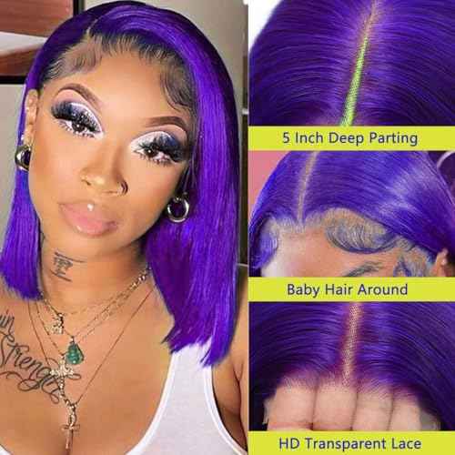 Purple Short Straight Gluess Bob Wig Human Hair Pre Plucked Pre Cut 5x5 HD Transparent Lace Front Wigs Human Hair 180% Density Straight Lace Closure Wigs Purple Short Bob 8 Inch