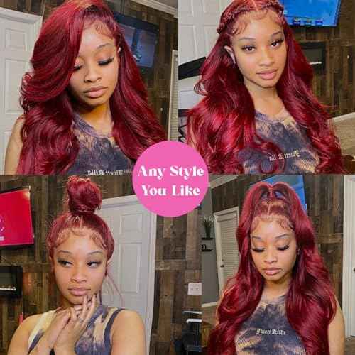 99j Burgundy Lace Front Wigs Human Hair 13x4 HD Transparent Body Wave Lace Front Wigs Human Hair Pre Plucked 180% Density Glueless Red Human Wigs for Women (24 Inch)