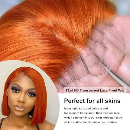 250% Density Ginger Bob Wig Human Hair Real 13x4 Frontal Orange Ginger HD Lace Short Straight Bob Wigs Pre Plucked with Baby Hair Straight Short Wigs For Women 10 Inch