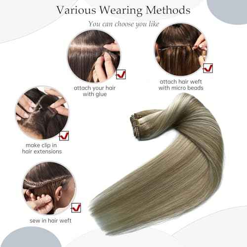 Balayage Blonde Hand Tied Weft Hair Extensions Human Hair 20 Inch Sew in Hair Extensions Real Human Hair 100G Ash Blonde Balayage Blonde Real Human Hair Weave Bundles Weft Extensions