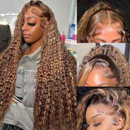 28 Inch Highlight Ombre Lace Front Wigs Human Hair 13x6 HD P4/27 Honey Blonde Deep Wave Lace Frontal Wigs 200 Density Pre Plucked Glueless Human Hair Wigs for Women