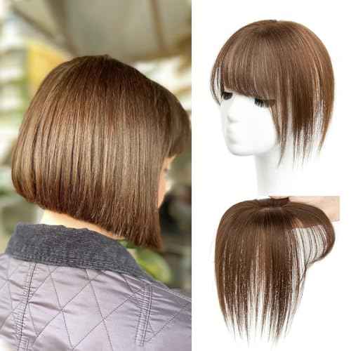 Hair Toppers for Women Real Human Hair Wispy Bangs,Short Lightweight,Thin Crown Wiglets Hair Pieces Small Top Base 1.9"¡¿3.5" Natural Cover Wide Part Line (12In,0.7oz,#4 Medium Brown)