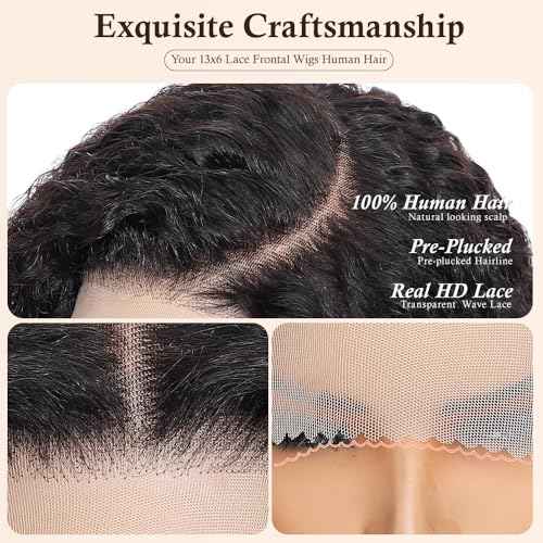 250 Density Curly Wig Human Hair With Drawstring Deep Wave Lace Front Wigs Human Hair Pre Plucked Virgin Remy Hair 5x Longer Lifespan 13x6 HD Lace Frontal Wigs Natural Black 20 Inch