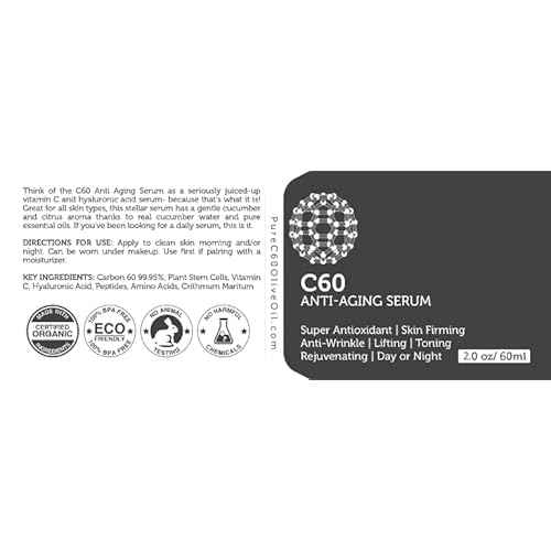 C60 Anti-Aging Face Serum 60ml with Hyaluronic Acid, Plant Stem Cells, Peptides, Vitamins B + C & Anti Aging Wrinkle Complexes for Men & Women Made with Organic Ingredients