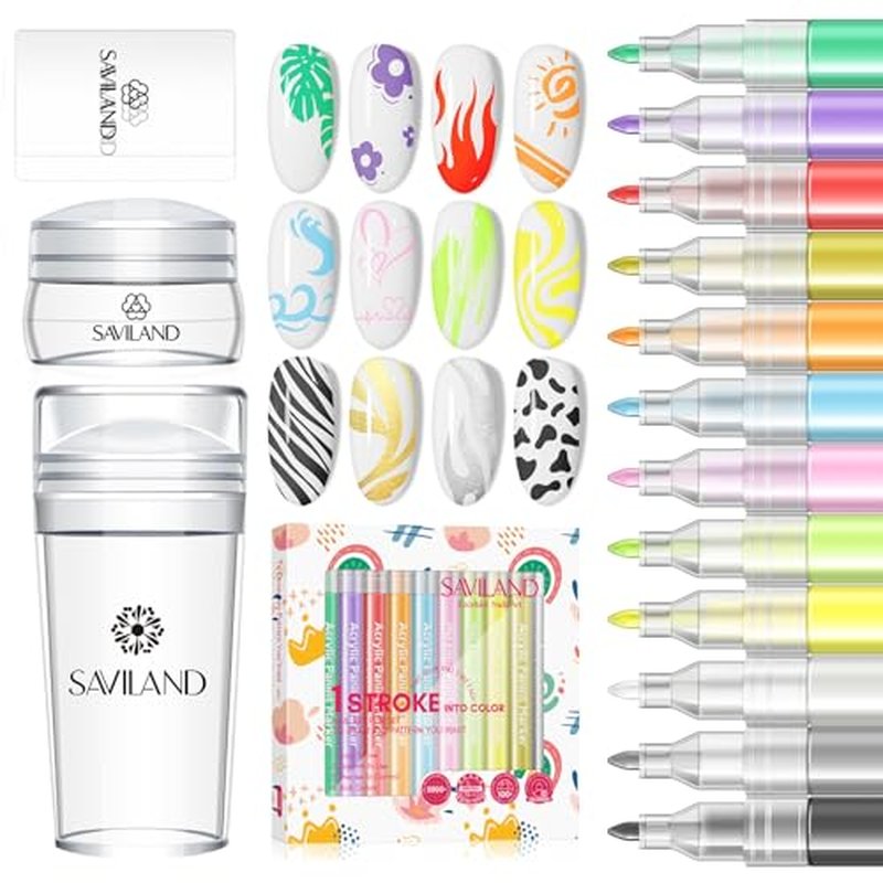 Saviland French Tip Nail Stamp Set - 4PCS with 12PCS Colorful Nail Art Pens for Gel Designs