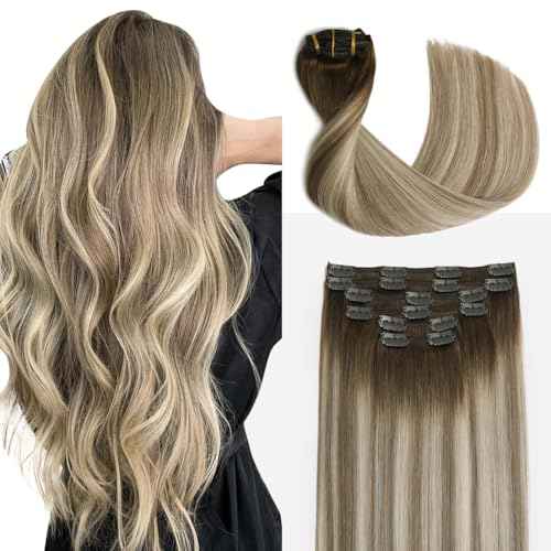 Sindra Clip in Hair Extensions Balayage Darker Brown to Ash Brown Highlights Golden Blonde 16 Inch 100g 6pcs Hair Extensions Clip Ins Remy Thick Ends #3/8/22 16''