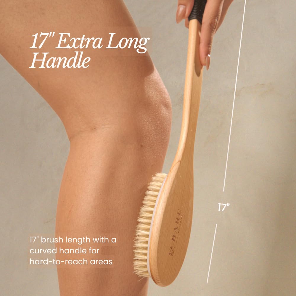 Bare Botanics 17" Dry Brushing Body Brush - Medium Firmness, Natural Color & Silicone Grip - Extra Long Bath Brush - Ergonomic Curved Handle Design w/Hang Rope - Back Scrubber for Shower