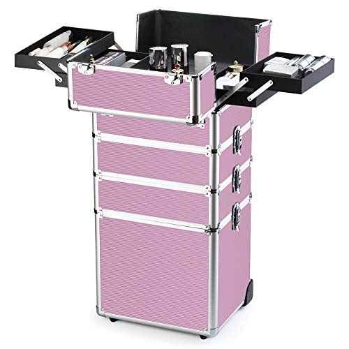 OUDMAY Makeup Train Case 4 in 1 Professional Cosmetics Rolling Organizer Aluminum Frame and Folding Trays Pink