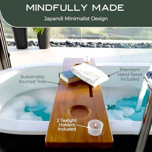 Grand Fjord | Teak Bathtub Tray for Large Soaking Tub | Extra Long 35¡± Luxury Bath Caddy for Freestanding Tubs | Minimalist Wooden Tub Tray with Candle Holders & Premium Towel by JapandiSpirit