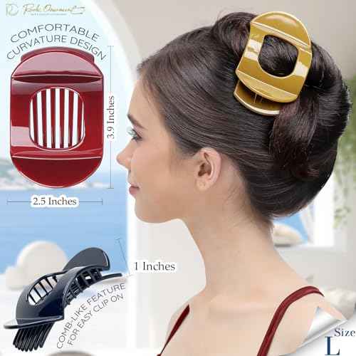 RC ROCHE 6 Pcs Flat Claw Hair Clips for Women Thick Hair French Round Duckbill Square Secure Strong Hold Grip Clamps Barrettes Curved No Slip No Crease Styling Cute Extra Jumbo XL, Large Classic