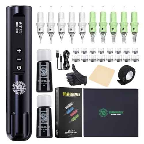 Dragonhawk Tattoo Gun Kit Wireless L1 Tattoo Pen Machine Pro Complete Tattoo Kit Black Inks Brushless Motor 3400mAh Battery Supply for Beginner