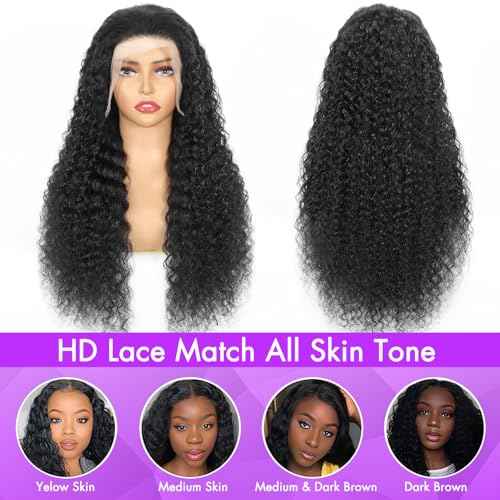 30 Inch Deep Wave Lace Front Wigs Human Hair 200 Density 13x6 HD Lace Front Wigs for Black Women Curly Human Hair Pre Plucked Natural Color Glueless Deep Curly Wig