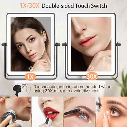 FASCINATE 5000mAh Rechargeable Wall Mounted Makeup Mirror, 8.7" Double Sided Touch Switch 1X 30X Rectangle Magnifying Mirror with Light, 3 Color Setting, Extended Arm 360¡Æ Swivel Foldable Black