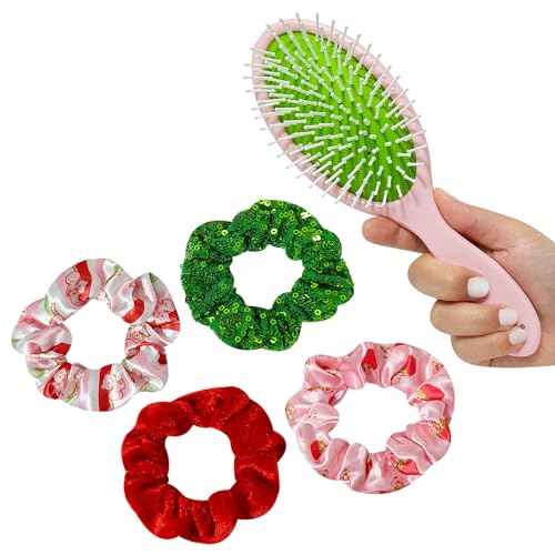 LUV HER Strawberry Shortcake Hair Accessory Set ? 5 Pieces: 1 Detangling 9-inch Hairbrush & 4 Scrunchies, Elastic Hair Ties, Ages 3+