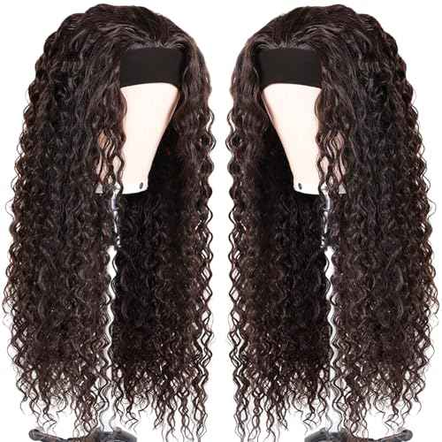 Headband Wig Human Hair Deep Wave Half Wigs Glueless None Lace Front Wigs with Headband Attached Brazilian Human Hair Headband Wigs Glueless Curly Hair for Black Women(22 Inch, Chocolate Brown)