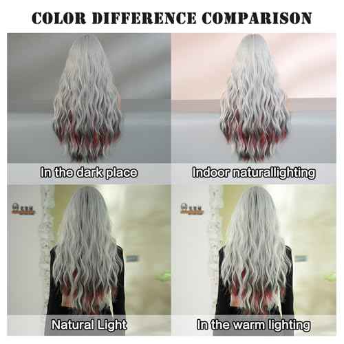 7JHH WIGS Long Curly Red Green Highlight Christmas Siler White Wigs Natural Heat Resistant Fibre Wet Wave Grey White Ombre Women Wigs for Holiday Festival Christmas Daily Party Daily Used