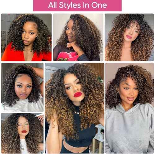 Ombre Highlight Brown Kinky Curly Half Wig Human Hair 1B 30 Curly 3 In 1 Seamless Flip Over Afro Curly Half Wig For Women 210% Density Glueless Wear and Ready to Go Drawstring Headband Wig 20 Inch