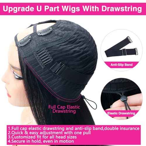 200% Density U Part Human Hair Wigs, Upgrade U Part Wigs With Drawstring No Glues Straight Human Hair Full Head Clip In Half U Shape Wigs For Women, Beginner Friendly,Natural Black Color(16 inch)