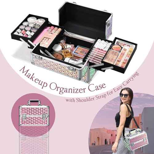 Rolling Makeup Train Case, 3-in-1 Makeup Trolley, Cosmetology Case on Wheels, Travel Makeup Organizer Case for Salon Barber Cosmetology Students, Nail Technicians, Hairstylists, and MUAs, Shiny Pink