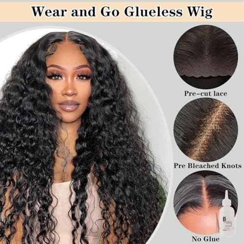 Wear and Go Glueless Wigs Human Hair Pre Plucked Pre Cut 5x5 HD Closure Wigs Human Hair Deep Wave Lace Front Wigs for Black Women 210% Dentisy 12A Deep Curly Glueless Wig Bleached Knots (24 Inch)