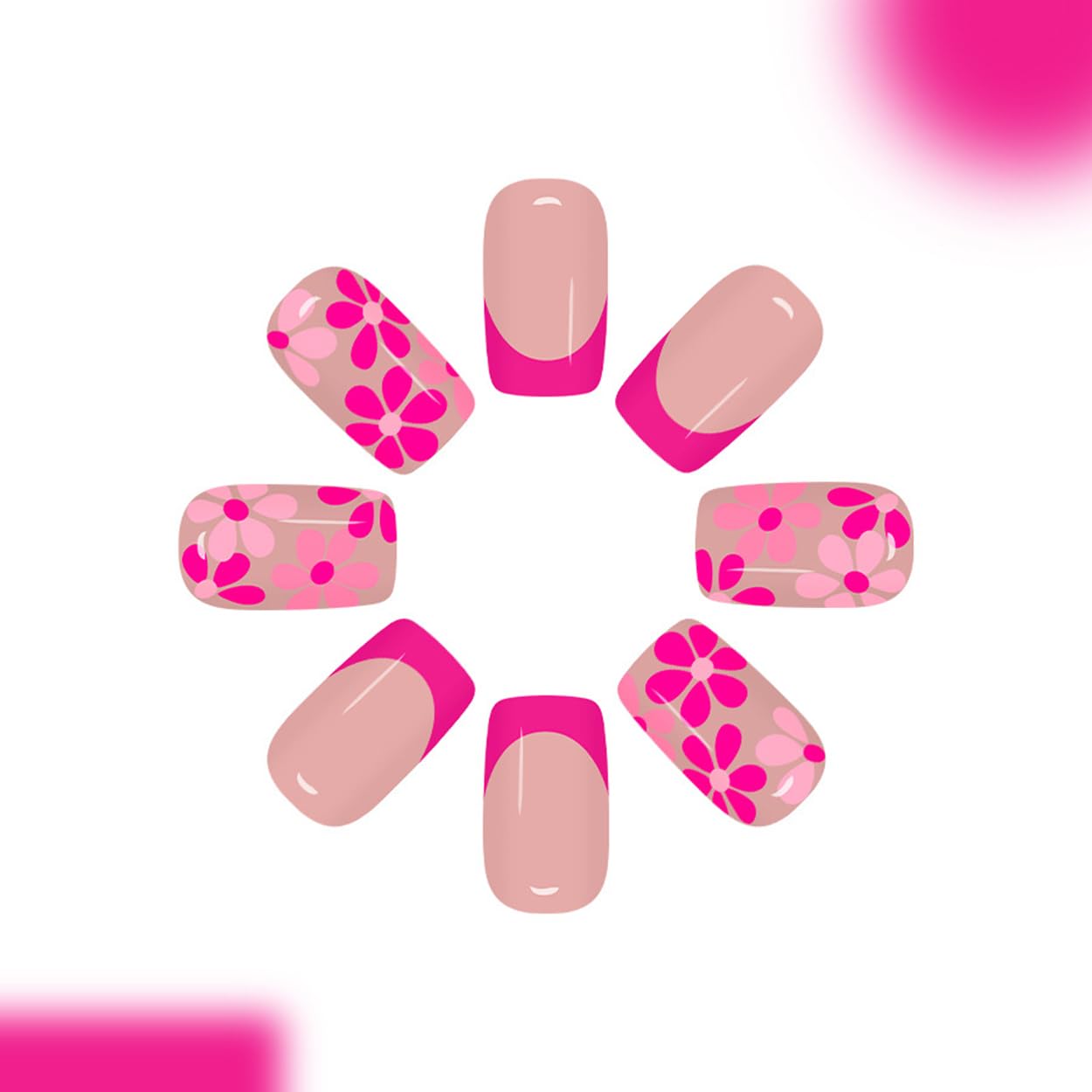ZWENJIE Medium Press on Nails Square Spring Flower Acrylic Nail Tip Kit Fake Nails Press ons Stick on Nails Supplies Glue on Nails Full Cover False Nails Hot Pink French Glossy Design for Women 24Pcs
