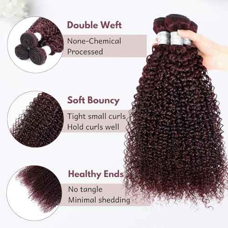 #99J Dark Burgundy Kinky Curly Human Hair Bundles with 2x6 Closure, 12A Remy Soft and Thick 3 Bundles with 2x6 HD Transparent Lace Closure Deep Part Colored Curly Wave Sew In 10 12 14+10 In