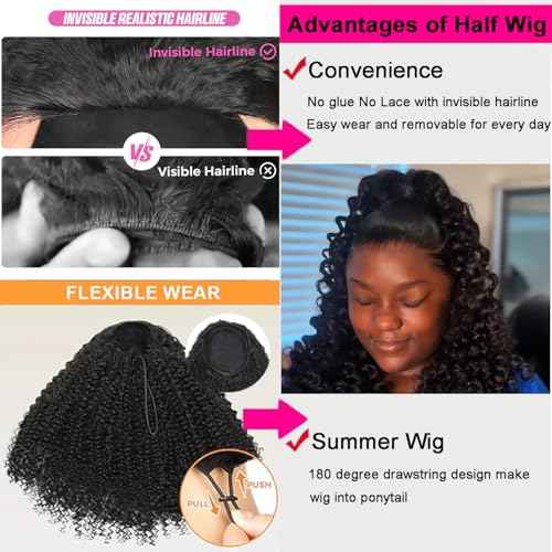 Half Wig Human Hair Deep Wave 3 In 1 Half Wigs for Black Women 200% Density Wear and Go Glueless Wigs Human Hair Drawstring Ponytail Seamless Flip Over No Lace Headband Wig Beginner Friendly 16 Inch