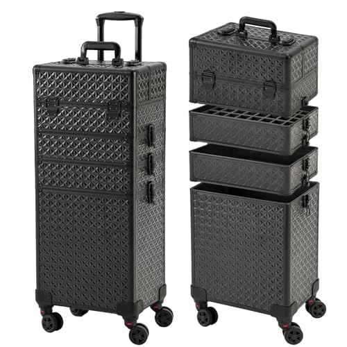 Leeora&Leekoo Portable Multi-Storey Nail Case for Nail Tech Organizer - Wheels Makeup Case Organizer, Cosmetic Case, Makeup Train Case, Make Up Case (Black)