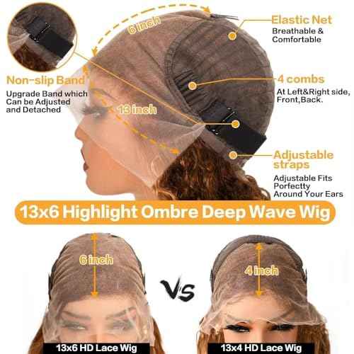Highlight Ombre Lace Front Wigs Human Hair Honey Blonde Deep Wave 13x6 HD Transparent Lace Frontal Wigs Human Hair P4/27 Colored Curly Wig for Women 180% Density Glueless Pre Plucked 24 Inch Wig